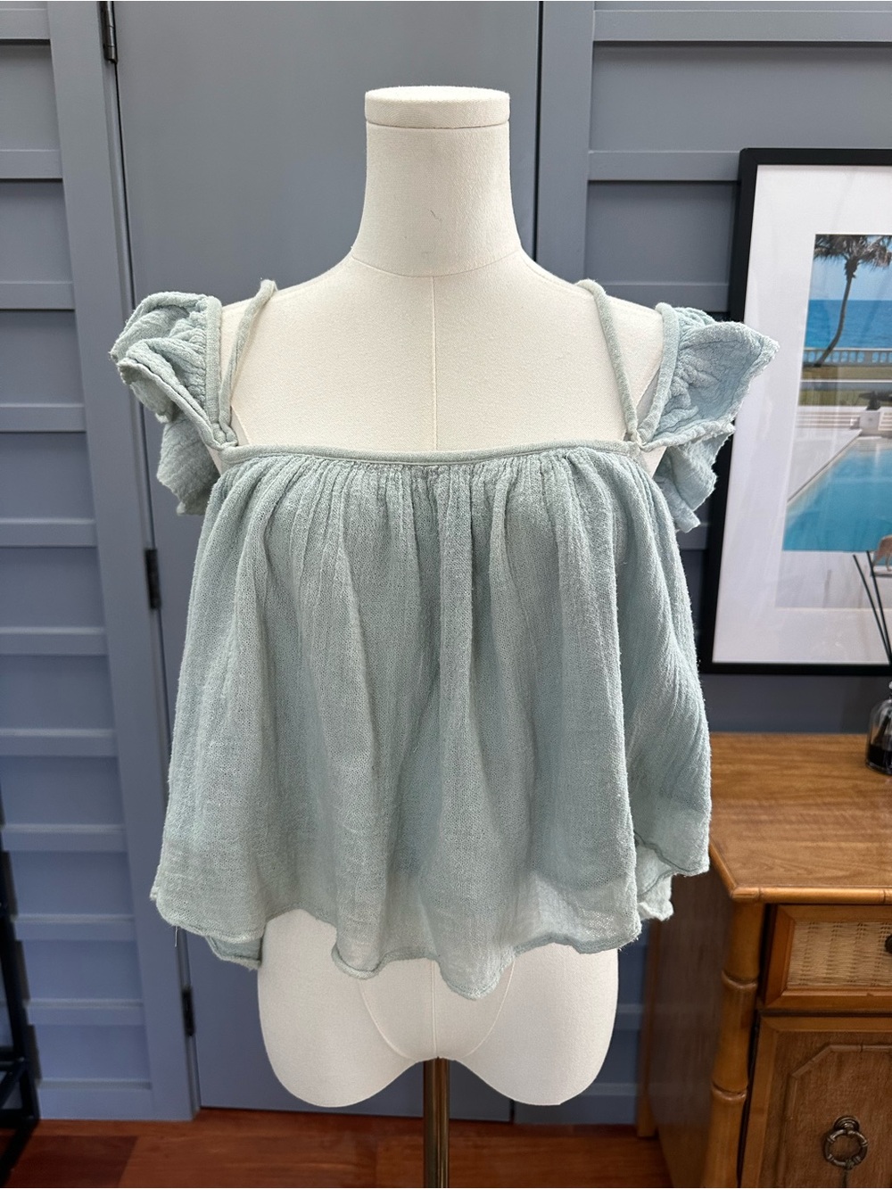 Jen’s Pirate Booty Light Blue Ruffled Gauzy Off-Shoulder Flowy Tank Top Cami S